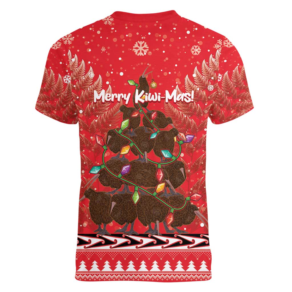 Kiwi New Zealand Christmas Women V-Neck T-Shirt Meri Kirihimete Silver Fern - Red Color LT14 - Polynesian Pride