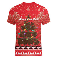 Kiwi New Zealand Christmas Women V-Neck T-Shirt Meri Kirihimete Silver Fern - Red Color LT14 - Polynesian Pride