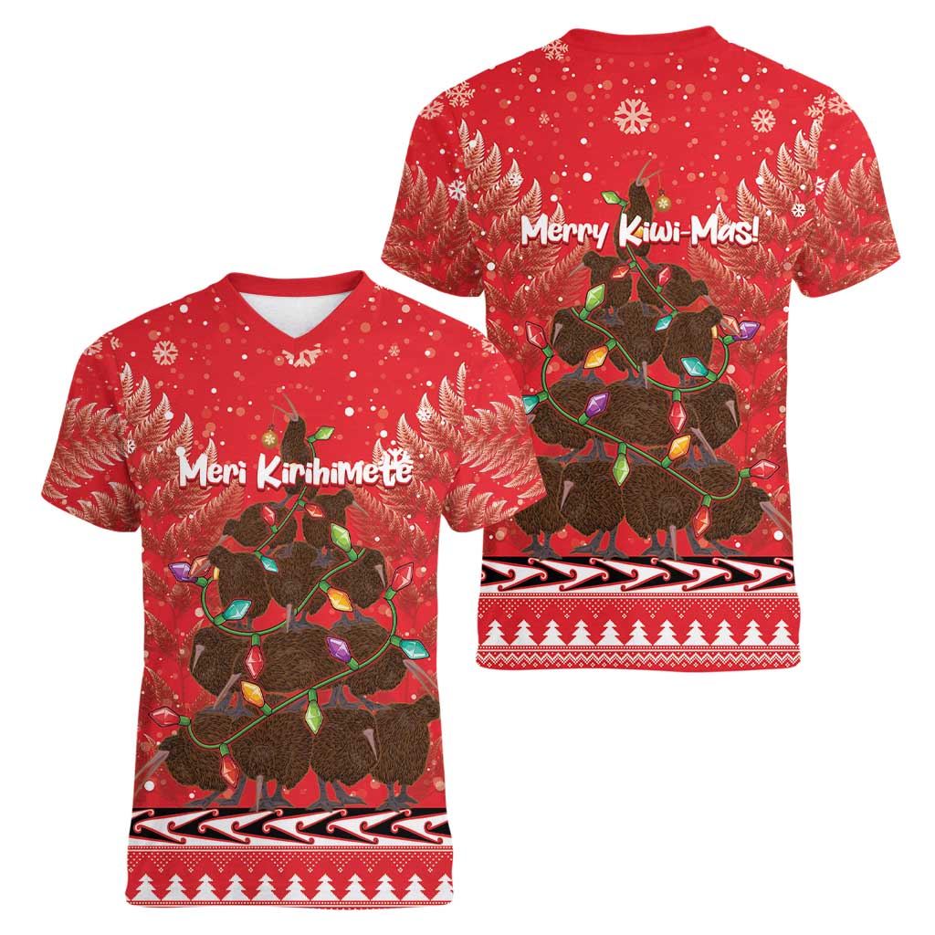 Kiwi New Zealand Christmas Women V-Neck T-Shirt Meri Kirihimete Silver Fern - Red Color LT14 - Polynesian Pride