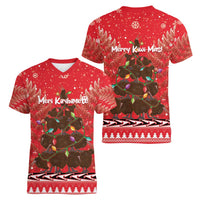 Kiwi New Zealand Christmas Women V-Neck T-Shirt Meri Kirihimete Silver Fern - Red Color LT14 - Polynesian Pride