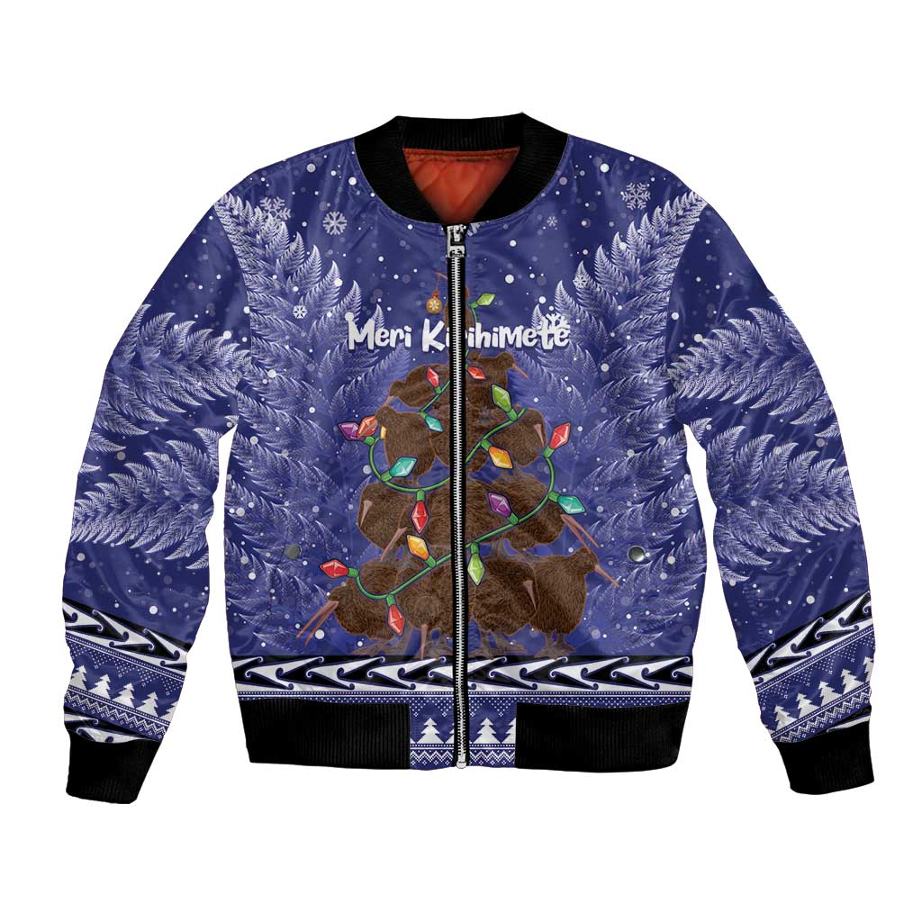 Kiwi New Zealand Christmas Bomber Jacket Meri Kirihimete Silver Fern - Blue Color LT14 Unisex Blue - Polynesian Pride