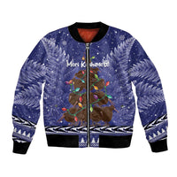 Kiwi New Zealand Christmas Bomber Jacket Meri Kirihimete Silver Fern - Blue Color LT14 Unisex Blue - Polynesian Pride