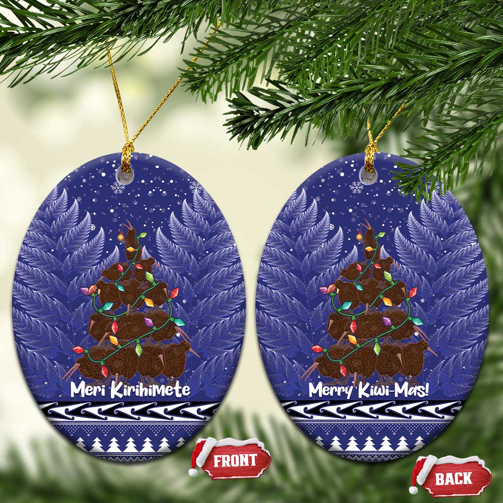Kiwi New Zealand Christmas Ceramic Ornament Meri Kirihimete Silver Fern - Blue Color LT14 Oval Blue - Polynesian Pride