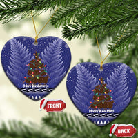 Kiwi New Zealand Christmas Ceramic Ornament Meri Kirihimete Silver Fern - Blue Color LT14 Heart Blue - Polynesian Pride