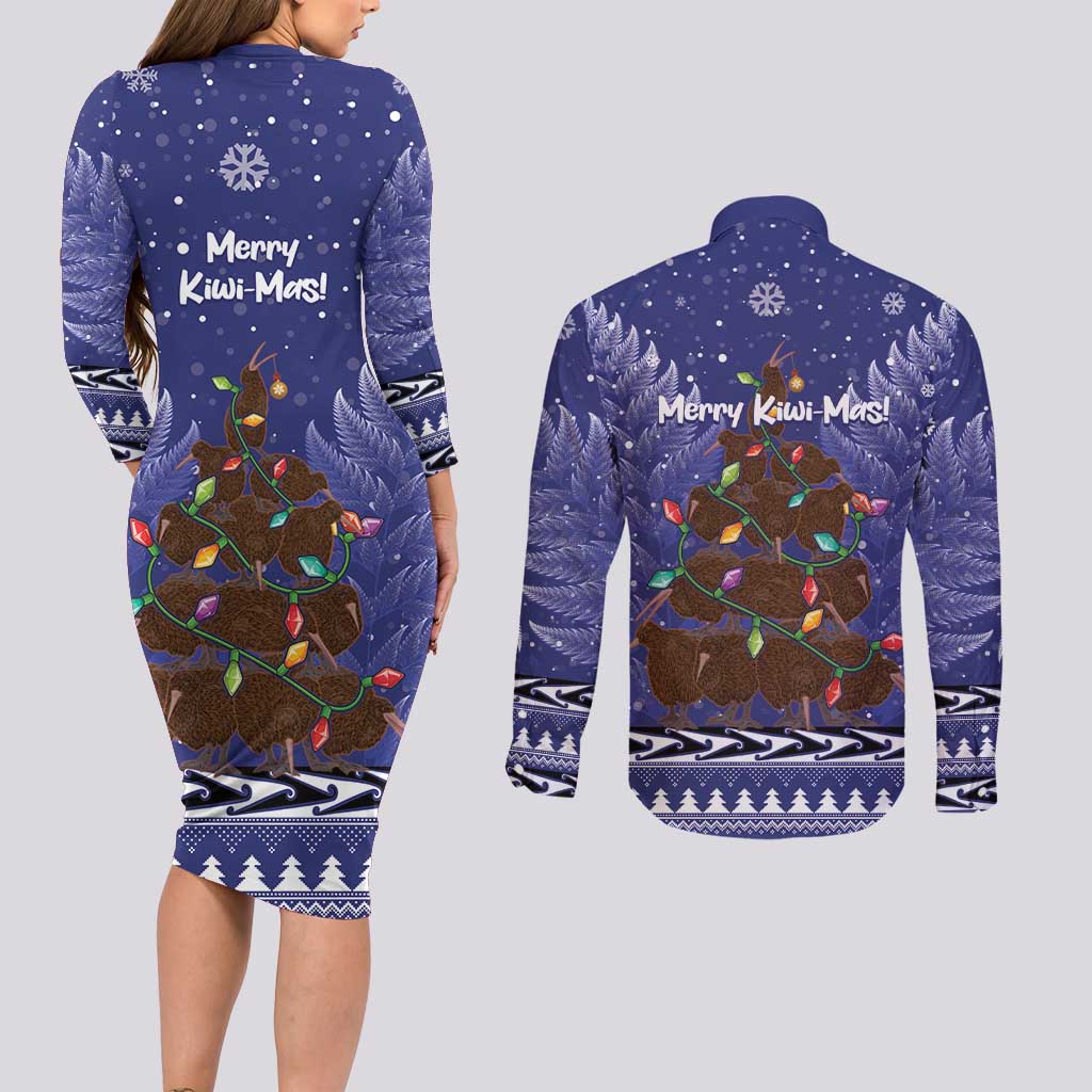 Kiwi New Zealand Christmas Couples Matching Long Sleeve Bodycon Dress and Long Sleeve Button Shirt Meri Kirihimete Silver Fern - Blue Color LT14 - Polynesian Pride