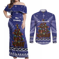 Kiwi New Zealand Christmas Couples Matching Off Shoulder Maxi Dress and Long Sleeve Button Shirt Meri Kirihimete Silver Fern - Blue Color LT14 Blue - Polynesian Pride