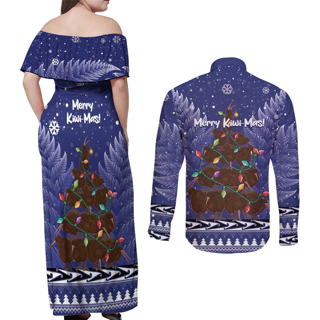 Kiwi New Zealand Christmas Couples Matching Off Shoulder Maxi Dress and Long Sleeve Button Shirt Meri Kirihimete Silver Fern - Blue Color LT14 - Polynesian Pride