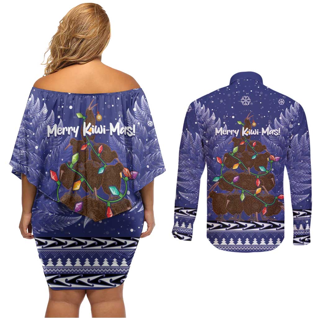 Kiwi New Zealand Christmas Couples Matching Off Shoulder Short Dress and Long Sleeve Button Shirt Meri Kirihimete Silver Fern - Blue Color LT14 - Polynesian Pride