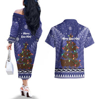 Kiwi New Zealand Christmas Couples Matching Off The Shoulder Long Sleeve Dress and Hawaiian Shirt Meri Kirihimete Silver Fern - Blue Color LT14 - Polynesian Pride
