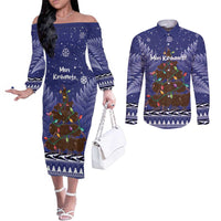 Kiwi New Zealand Christmas Couples Matching Off The Shoulder Long Sleeve Dress and Long Sleeve Button Shirt Meri Kirihimete Silver Fern - Blue Color LT14 Blue - Polynesian Pride
