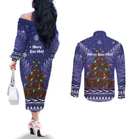 Kiwi New Zealand Christmas Couples Matching Off The Shoulder Long Sleeve Dress and Long Sleeve Button Shirt Meri Kirihimete Silver Fern - Blue Color LT14 - Polynesian Pride