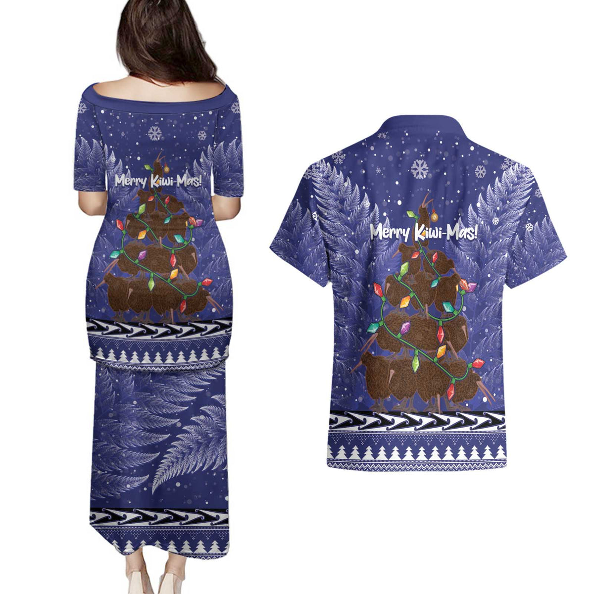 Kiwi New Zealand Christmas Couples Matching Puletasi and Hawaiian Shirt Meri Kirihimete Silver Fern - Blue Color LT14 - Polynesian Pride