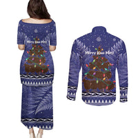 Kiwi New Zealand Christmas Couples Matching Puletasi and Long Sleeve Button Shirt Meri Kirihimete Silver Fern - Blue Color LT14 - Polynesian Pride