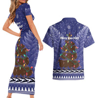 Kiwi New Zealand Christmas Couples Matching Short Sleeve Bodycon Dress and Hawaiian Shirt Meri Kirihimete Silver Fern - Blue Color LT14 - Polynesian Pride