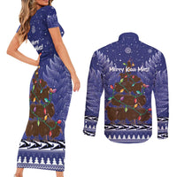 Kiwi New Zealand Christmas Couples Matching Short Sleeve Bodycon Dress and Long Sleeve Button Shirt Meri Kirihimete Silver Fern - Blue Color LT14 - Polynesian Pride