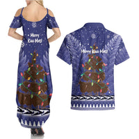Kiwi New Zealand Christmas Couples Matching Summer Maxi Dress and Hawaiian Shirt Meri Kirihimete Silver Fern - Blue Color LT14 - Polynesian Pride