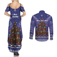 Kiwi New Zealand Christmas Couples Matching Summer Maxi Dress and Long Sleeve Button Shirt Meri Kirihimete Silver Fern - Blue Color LT14 - Polynesian Pride