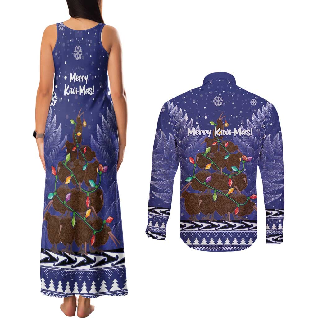 Kiwi New Zealand Christmas Couples Matching Tank Maxi Dress and Long Sleeve Button Shirt Meri Kirihimete Silver Fern - Blue Color LT14 - Polynesian Pride