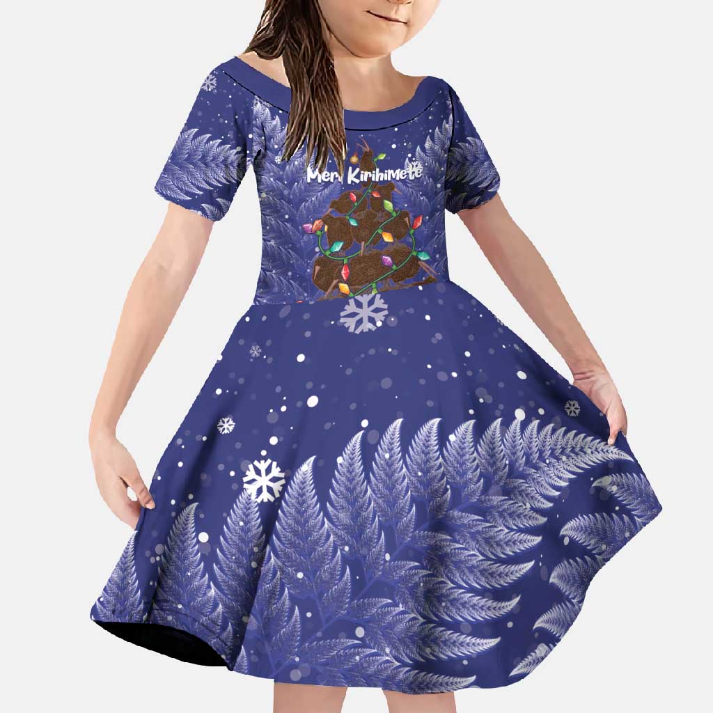 Kiwi New Zealand Christmas Family Matching Long Sleeve Bodycon Dress and Hawaiian Shirt Meri Kirihimete Silver Fern - Blue Color LT14 Daughter's Dress Blue - Polynesian Pride