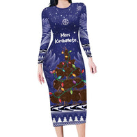 Kiwi New Zealand Christmas Family Matching Long Sleeve Bodycon Dress and Hawaiian Shirt Meri Kirihimete Silver Fern - Blue Color LT14 Mom's Dress Blue - Polynesian Pride