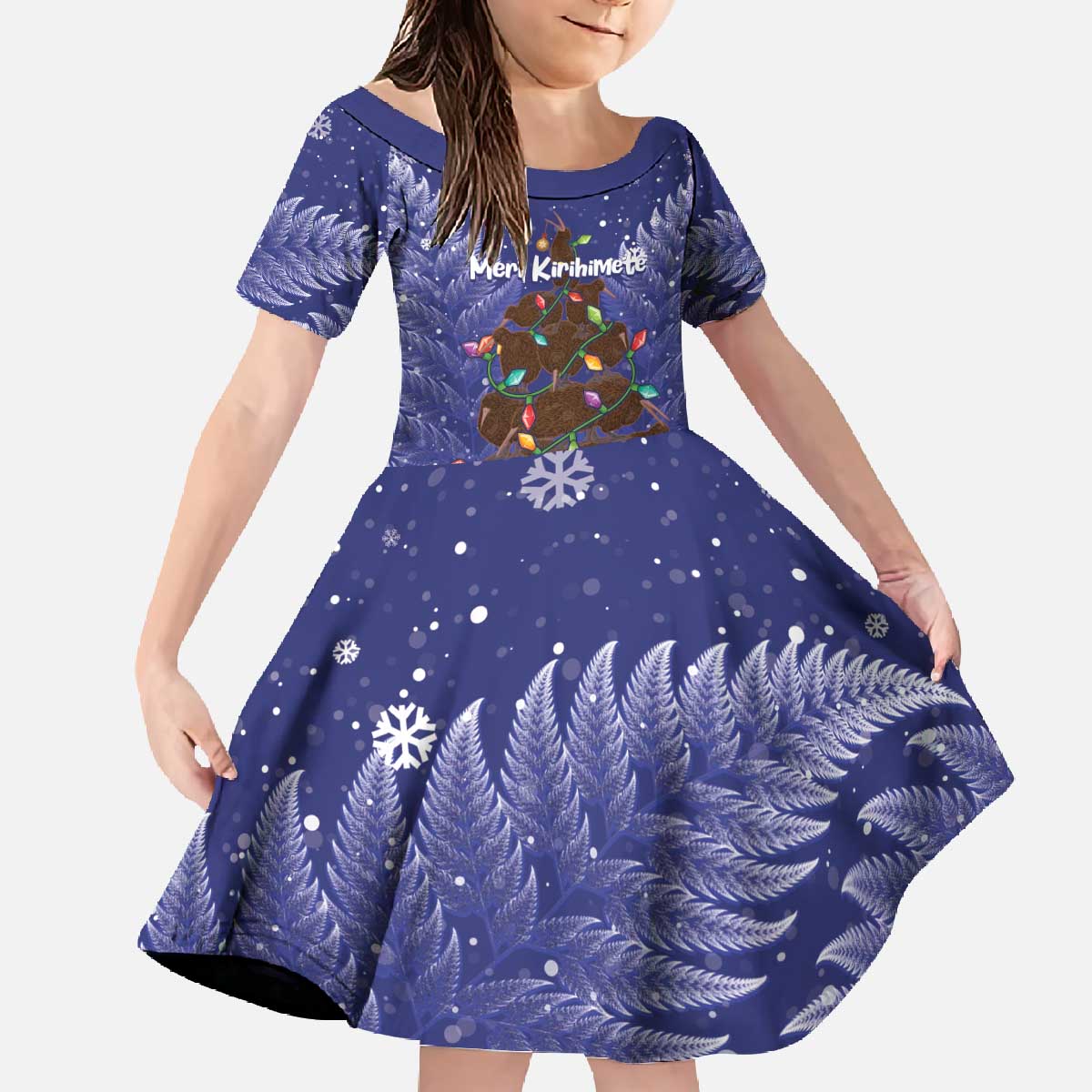 Kiwi New Zealand Christmas Family Matching Off The Shoulder Long Sleeve Dress and Hawaiian Shirt Meri Kirihimete Silver Fern - Blue Color LT14 Daughter's Dress Blue - Polynesian Pride