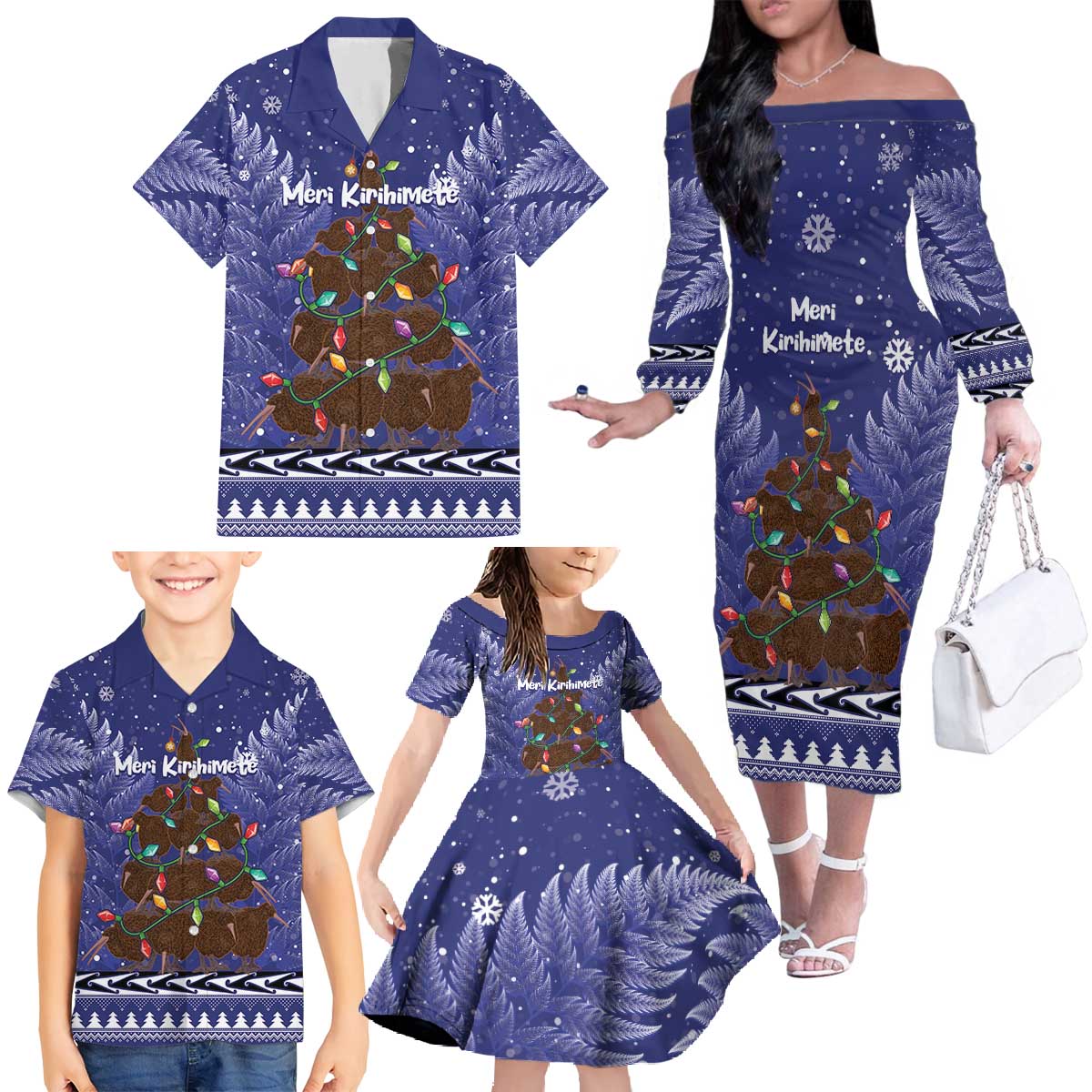 Kiwi New Zealand Christmas Family Matching Off The Shoulder Long Sleeve Dress and Hawaiian Shirt Meri Kirihimete Silver Fern - Blue Color LT14 - Polynesian Pride