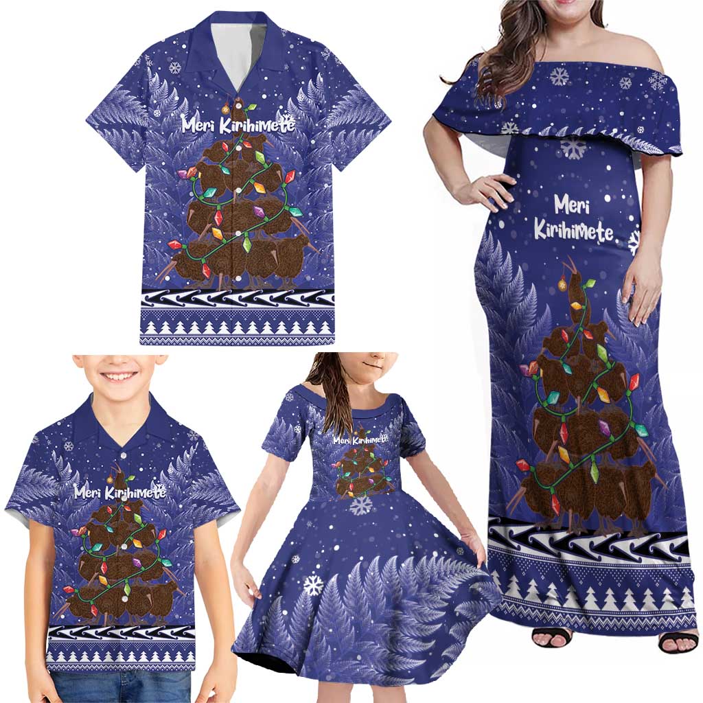 Kiwi New Zealand Christmas Family Matching Off Shoulder Maxi Dress and Hawaiian Shirt Meri Kirihimete Silver Fern - Blue Color LT14 - Polynesian Pride