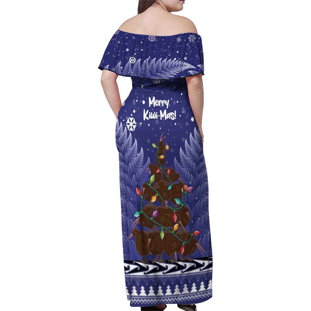 Kiwi New Zealand Christmas Family Matching Off Shoulder Maxi Dress and Hawaiian Shirt Meri Kirihimete Silver Fern - Blue Color LT14 - Polynesian Pride