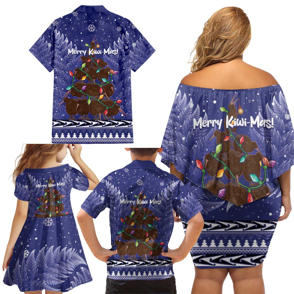Kiwi New Zealand Christmas Family Matching Off Shoulder Short Dress and Hawaiian Shirt Meri Kirihimete Silver Fern - Blue Color LT14 - Polynesian Pride