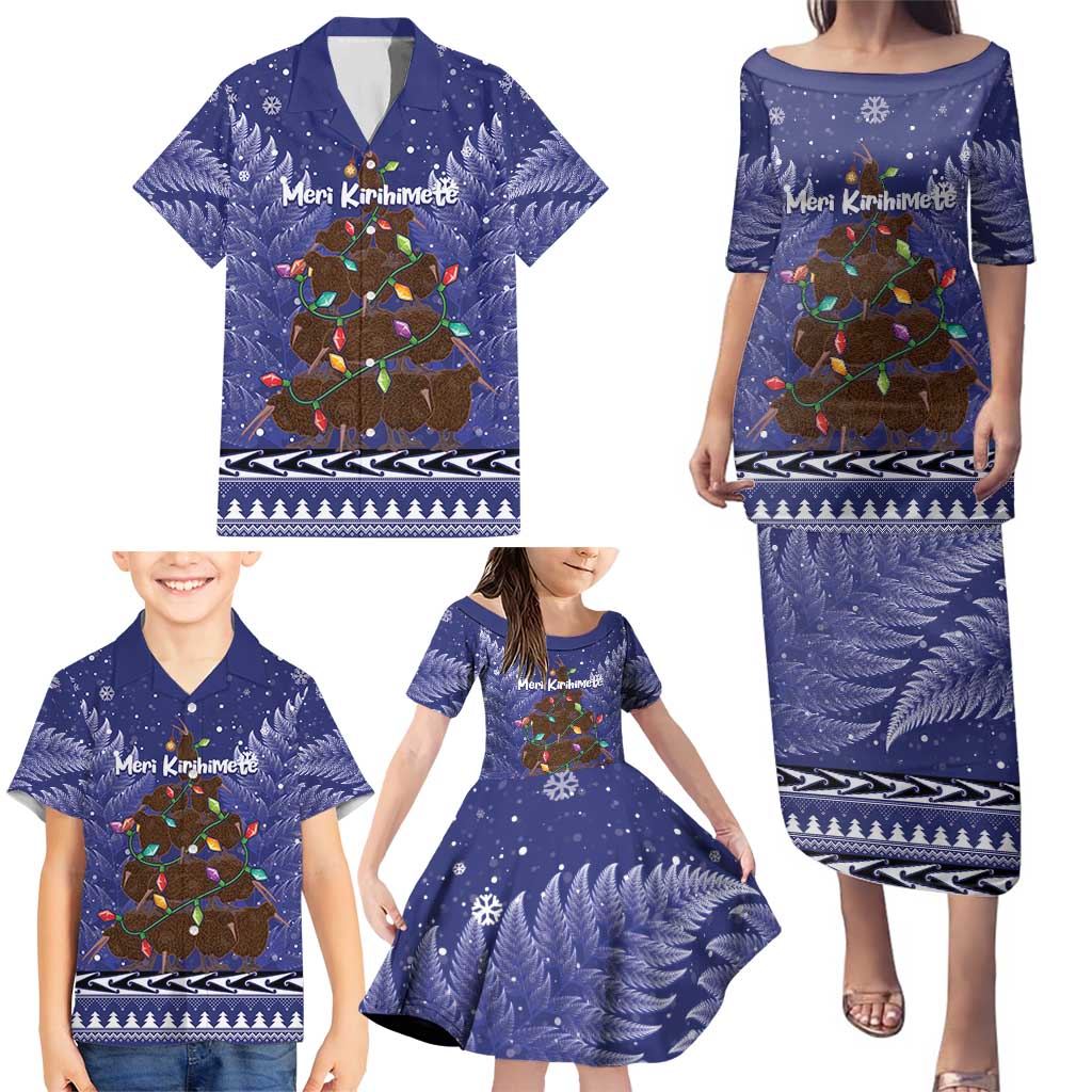 Kiwi New Zealand Christmas Family Matching Puletasi and Hawaiian Shirt Meri Kirihimete Silver Fern - Blue Color LT14 - Polynesian Pride