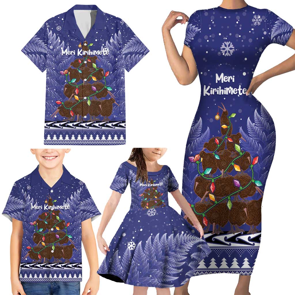 Kiwi New Zealand Christmas Family Matching Short Sleeve Bodycon Dress and Hawaiian Shirt Meri Kirihimete Silver Fern - Blue Color LT14 - Polynesian Pride