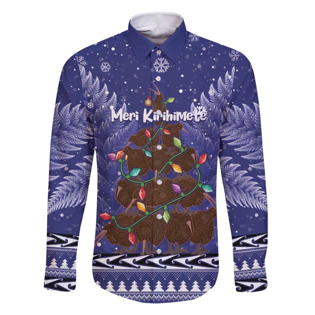 Kiwi New Zealand Christmas Family Matching Short Sleeve Bodycon Dress and Hawaiian Shirt Meri Kirihimete Silver Fern - Blue Color LT14 Dad's Shirt - Long Sleeve Blue - Polynesian Pride