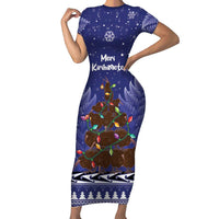 Kiwi New Zealand Christmas Family Matching Short Sleeve Bodycon Dress and Hawaiian Shirt Meri Kirihimete Silver Fern - Blue Color LT14 Mom's Dress Blue - Polynesian Pride