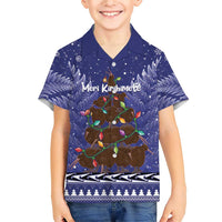 Kiwi New Zealand Christmas Family Matching Short Sleeve Bodycon Dress and Hawaiian Shirt Meri Kirihimete Silver Fern - Blue Color LT14 Son's Shirt Blue - Polynesian Pride