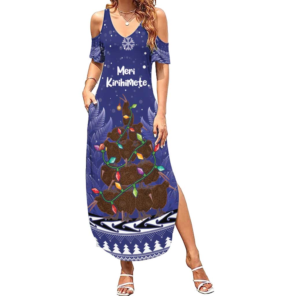 Kiwi New Zealand Christmas Family Matching Summer Maxi Dress and Hawaiian Shirt Meri Kirihimete Silver Fern - Blue Color LT14 Mom's Dress Blue - Polynesian Pride
