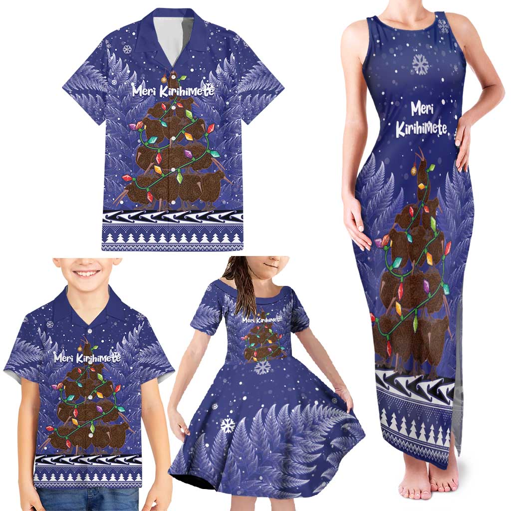 Kiwi New Zealand Christmas Family Matching Tank Maxi Dress and Hawaiian Shirt Meri Kirihimete Silver Fern - Blue Color LT14 - Polynesian Pride