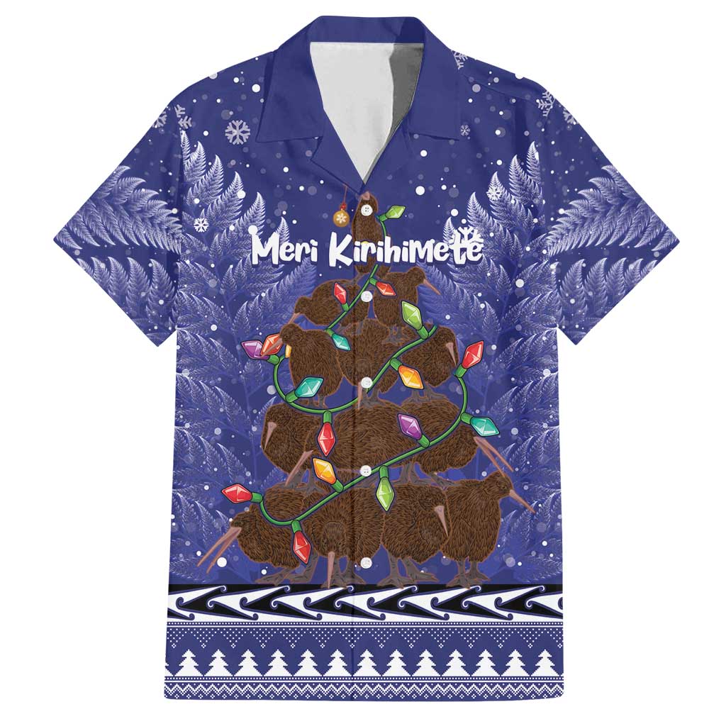 Kiwi New Zealand Christmas Family Matching Tank Maxi Dress and Hawaiian Shirt Meri Kirihimete Silver Fern - Blue Color LT14 Dad's Shirt - Short Sleeve Blue - Polynesian Pride