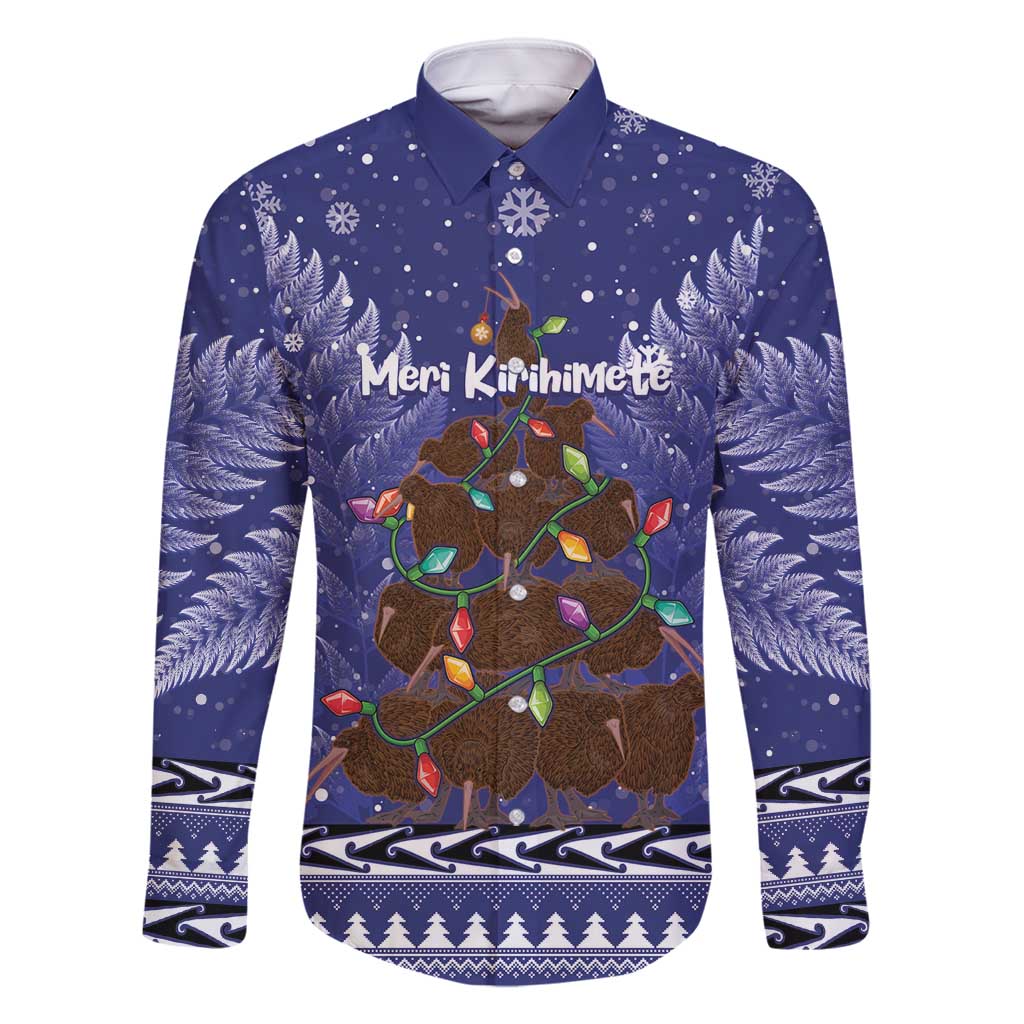 Kiwi New Zealand Christmas Family Matching Tank Maxi Dress and Hawaiian Shirt Meri Kirihimete Silver Fern - Blue Color LT14 Dad's Shirt - Long Sleeve Blue - Polynesian Pride