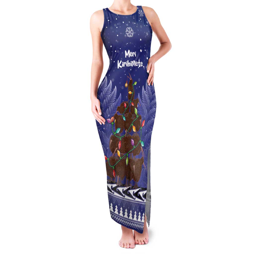 Kiwi New Zealand Christmas Family Matching Tank Maxi Dress and Hawaiian Shirt Meri Kirihimete Silver Fern - Blue Color LT14 Mom's Dress Blue - Polynesian Pride