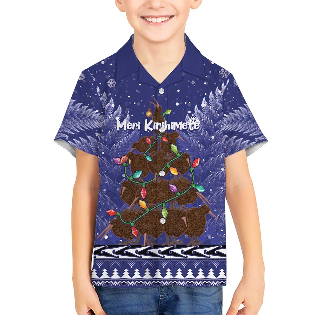 Kiwi New Zealand Christmas Kid Hawaiian Shirt Meri Kirihimete Silver Fern - Blue Color LT14 Kid Blue - Polynesian Pride