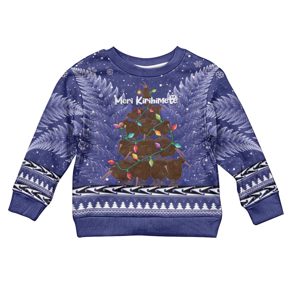 Kiwi New Zealand Christmas Kid Ugly Christmas Sweater Meri Kirihimete Silver Fern - Blue Color LT14 Kid Blue - Polynesian Pride