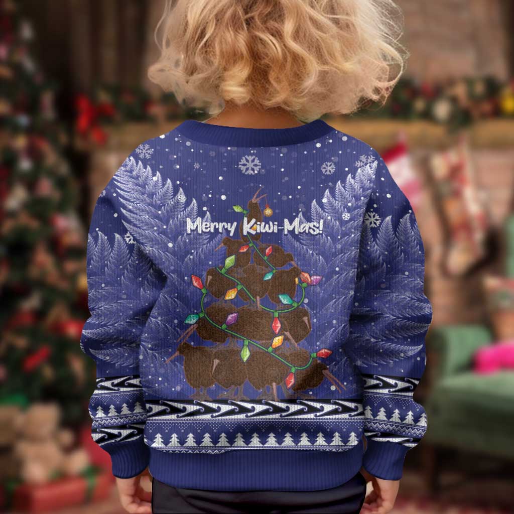 Kiwi New Zealand Christmas Kid Ugly Christmas Sweater Meri Kirihimete Silver Fern - Blue Color LT14 - Polynesian Pride
