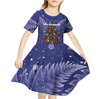 Kiwi New Zealand Christmas Kid Short Sleeve Dress Meri Kirihimete Silver Fern - Blue Color LT14 - Polynesian Pride