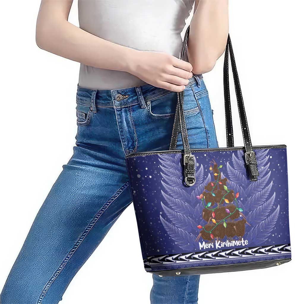 Kiwi New Zealand Christmas Leather Tote Bag Meri Kirihimete Silver Fern - Blue Color LT14 - Polynesian Pride