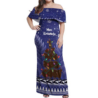 Kiwi New Zealand Christmas Off Shoulder Maxi Dress Meri Kirihimete Silver Fern - Blue Color LT14 Women Blue - Polynesian Pride