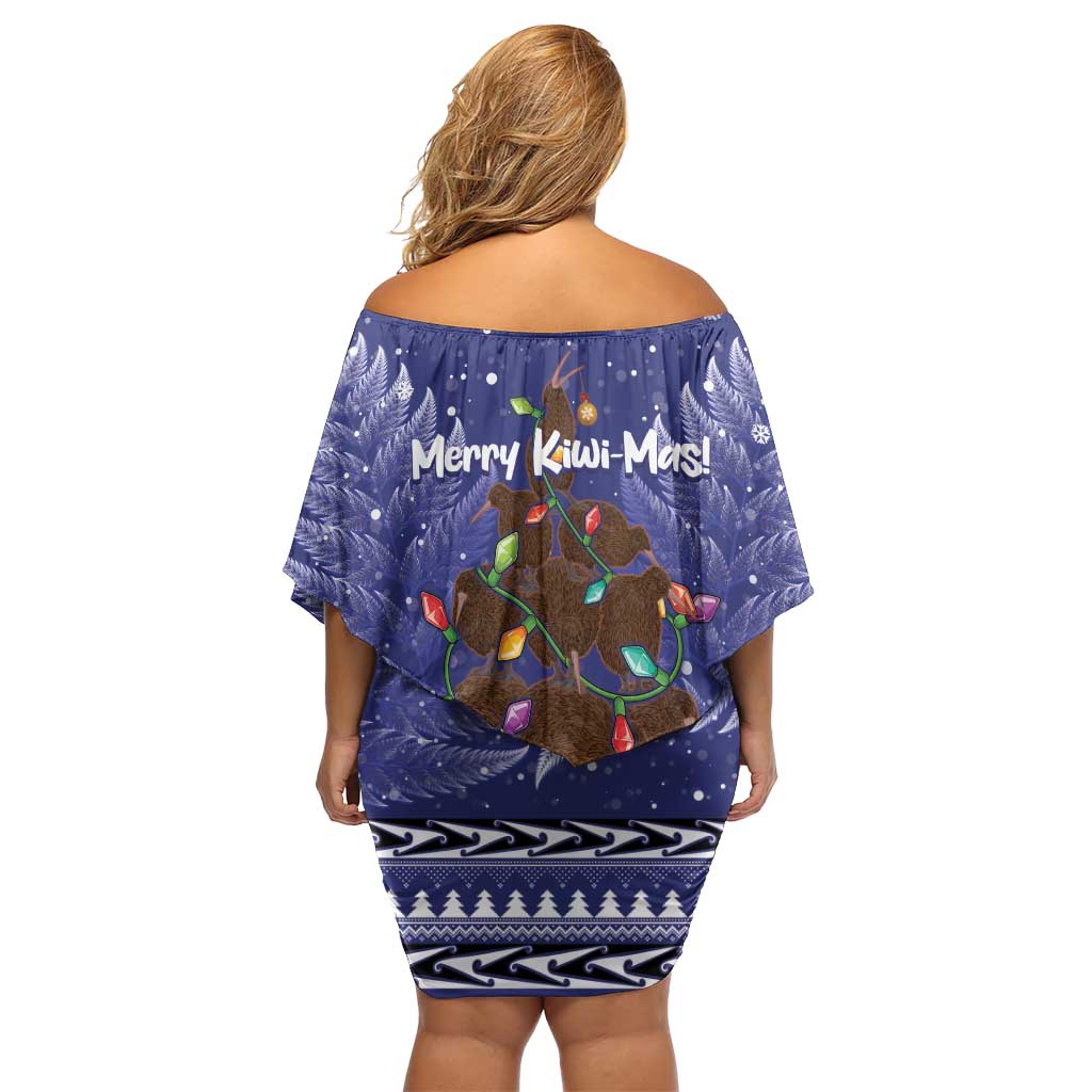Kiwi New Zealand Christmas Off Shoulder Short Dress Meri Kirihimete Silver Fern - Blue Color LT14 - Polynesian Pride