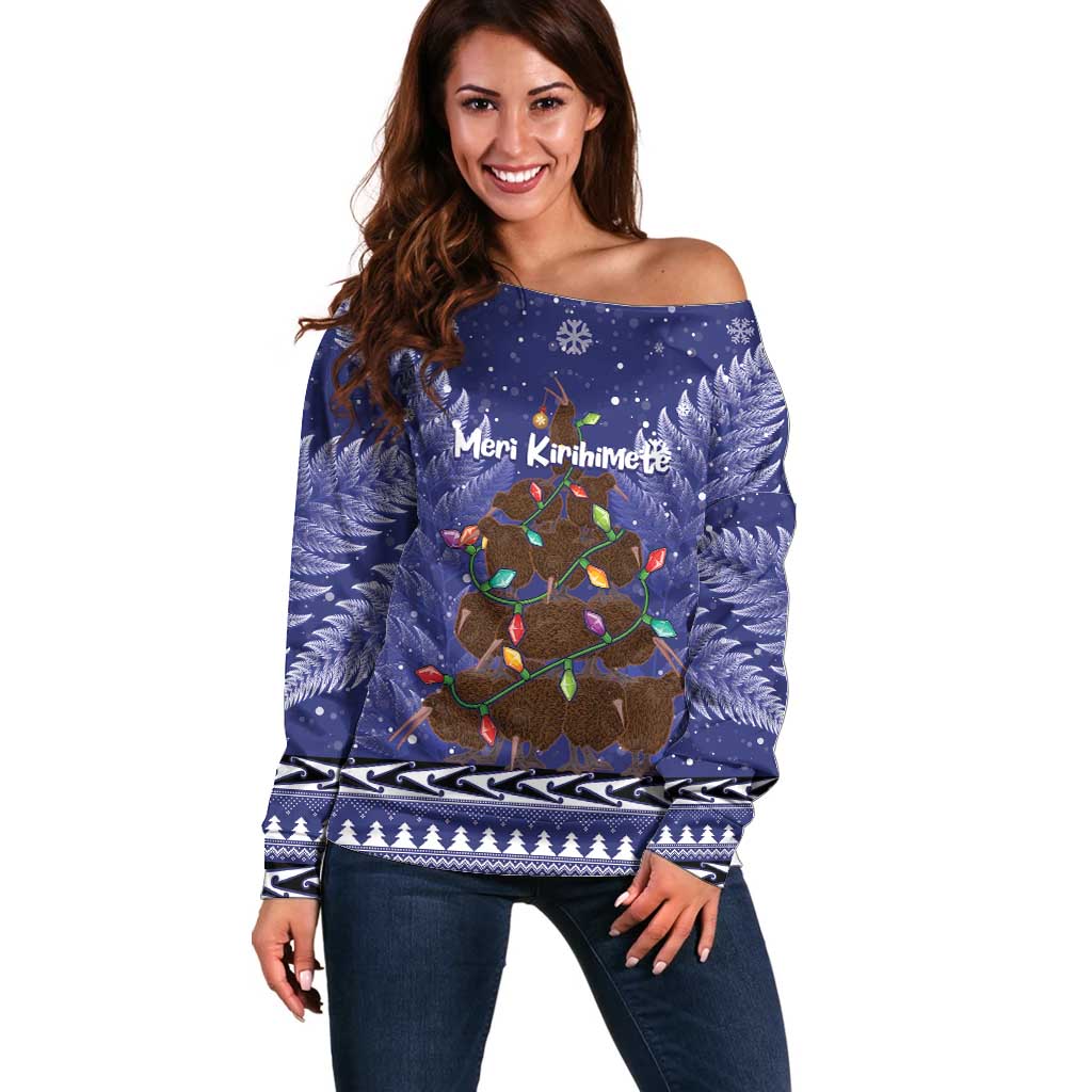 Kiwi New Zealand Christmas Off Shoulder Sweater Meri Kirihimete Silver Fern - Blue Color LT14 Women Blue - Polynesian Pride
