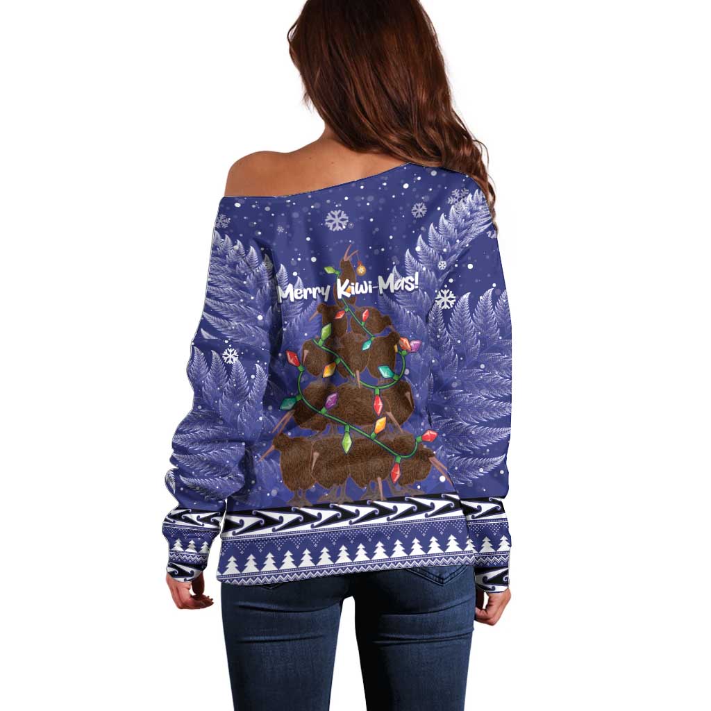 Kiwi New Zealand Christmas Off Shoulder Sweater Meri Kirihimete Silver Fern - Blue Color LT14 - Polynesian Pride
