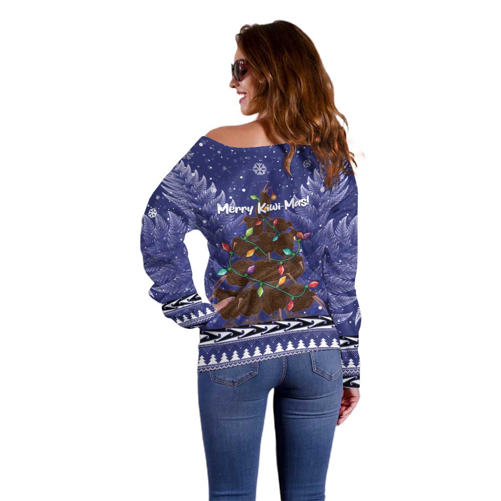 Kiwi New Zealand Christmas Off Shoulder Sweater Meri Kirihimete Silver Fern - Blue Color LT14 - Polynesian Pride