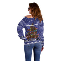 Kiwi New Zealand Christmas Off Shoulder Sweater Meri Kirihimete Silver Fern - Blue Color LT14 - Polynesian Pride